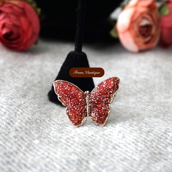 🦋 VINTAGE Sparky Pink Butterfly Silver Adjustable Ring 💍 - Picture 2 of 5